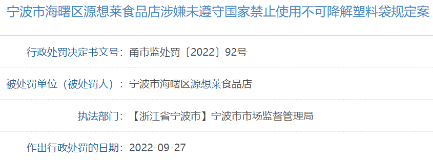 寧波市一食品店使用不可降解塑料袋被罰，降解塑料袋推廣還需努力